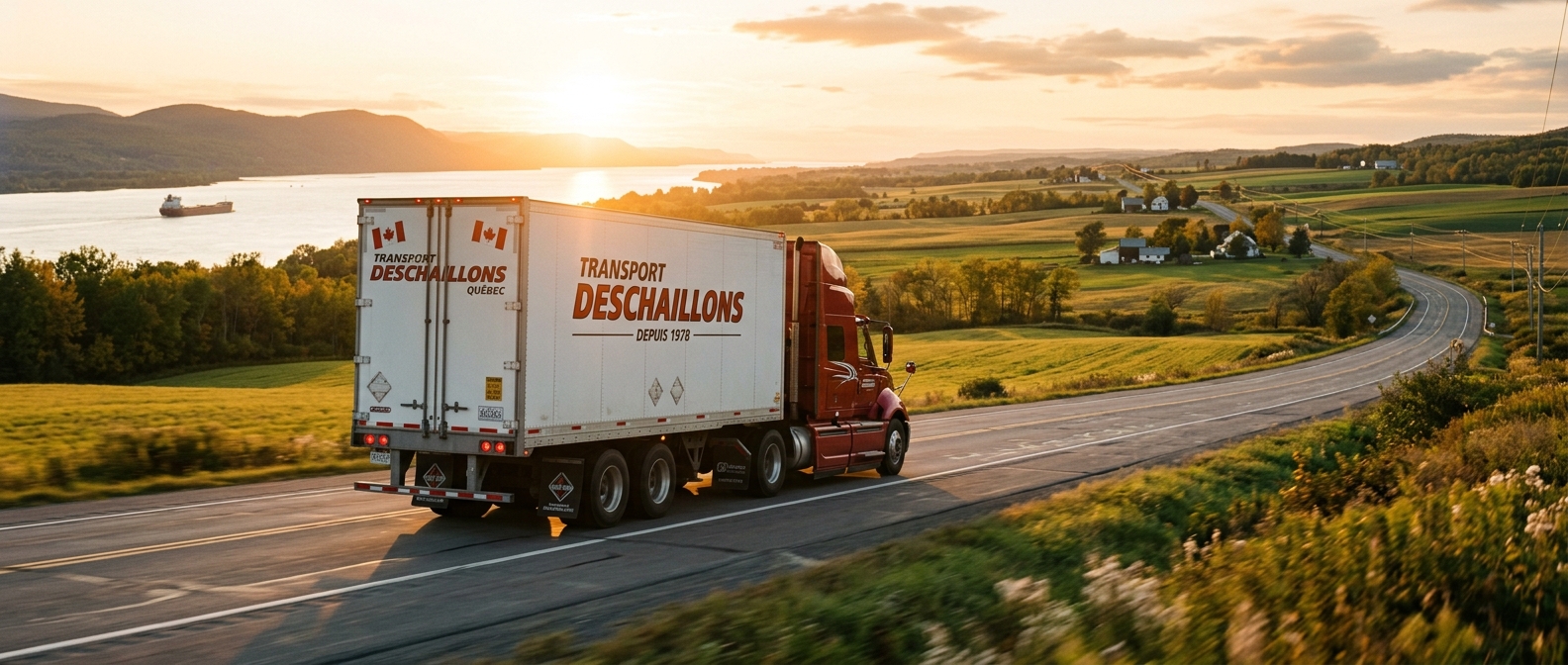 Camion Transport Deschaillons depuis 1978 sur route rurale québécoise avec le Saint-Laurent en arrière-plan